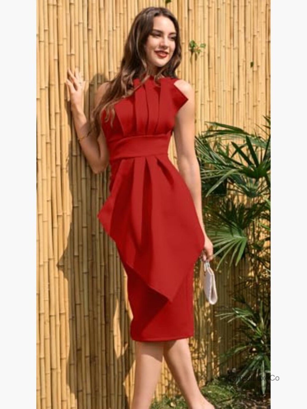 Elegant One Shoulder Pleated Bodycon Midi Dress - Sleeveless Club Night Out - Picture 3 of 4